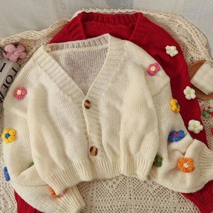 Sweet Cute Flower Sweater Cardigan Women Fall Winter Cropped V-neck Knitted Cardigans Female Long Sleeve Single-breasted Sweater