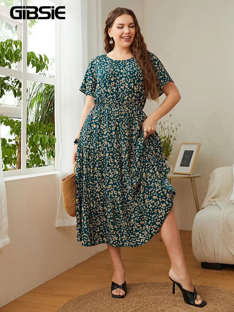 GIBSIE Plus Size Ditsy Floral O-Neck Ruffle Hem Dress Women Holiday Boho Summer Short Sleeve Elastic A-line Casual Long Dresses