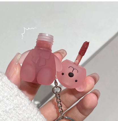 Cute Bear Keychain Lip Mud Matte Velvet Mousse Grey Pink Lipstick Waterproof Long Lasting Non-Stick Cup LipGloss Korean Cosmetic