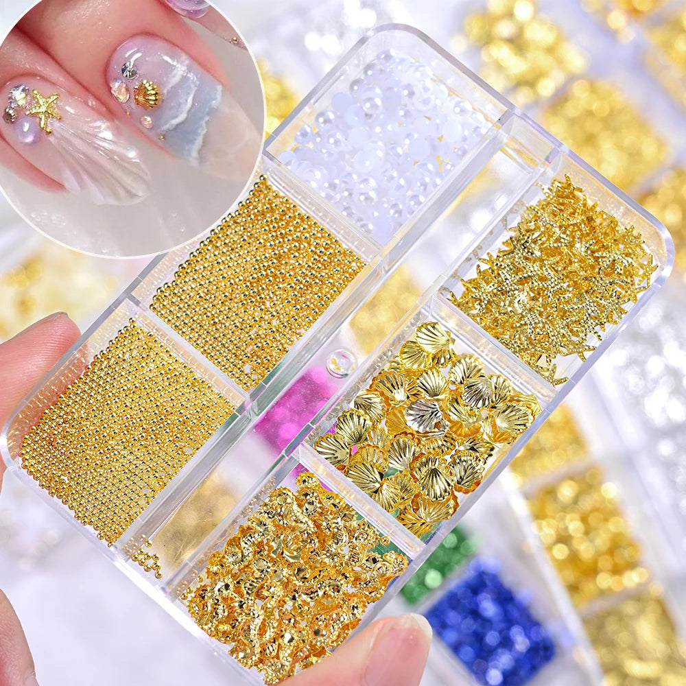 6Grids Gold Nail Art Alloy Studs Seaside 3D Decoration Sea Shell Star Pearl Charm Metal Frame Rivets Nail Rhinestone Accessories