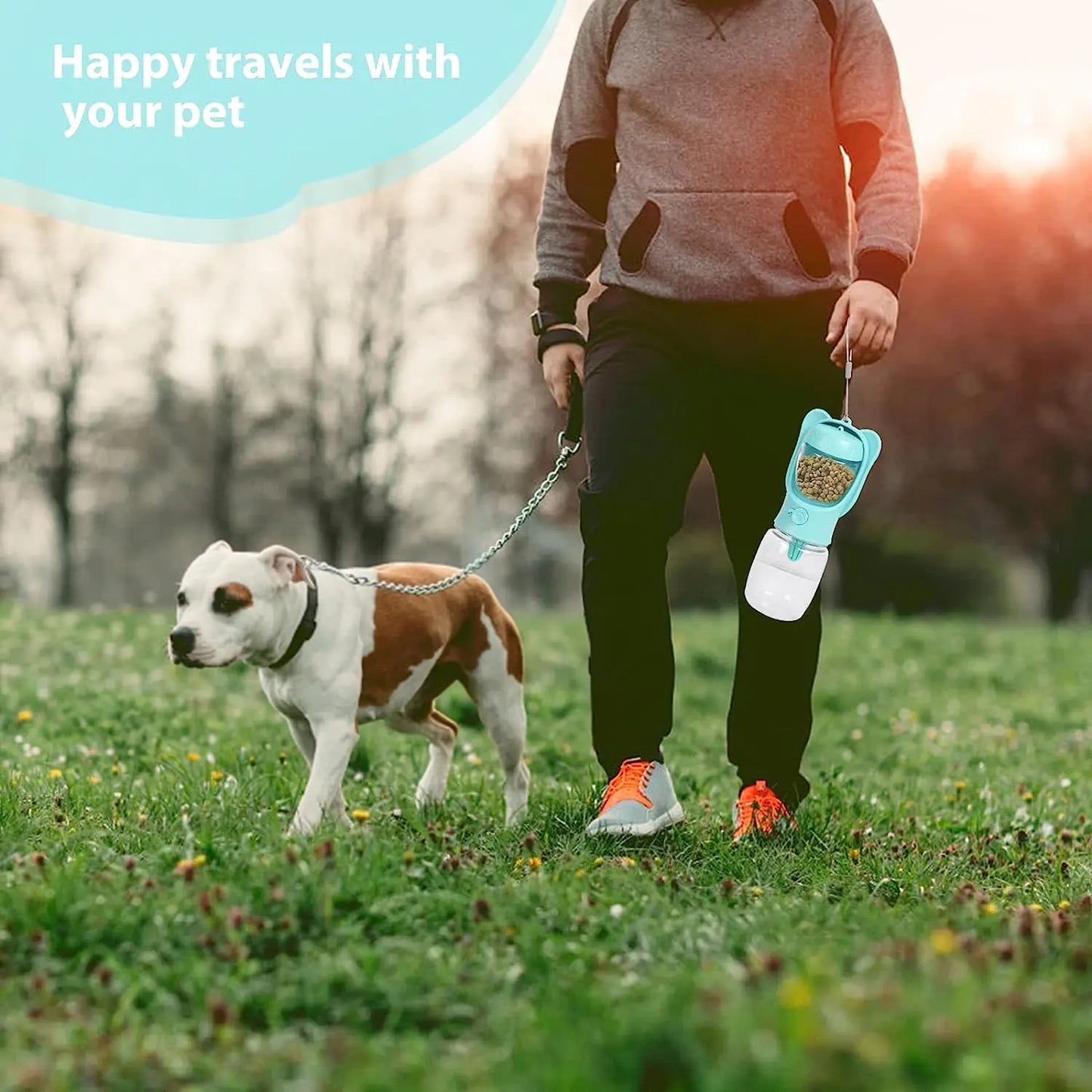 Dog Water Bottle Pet Dispenser with Detachable Food Container Leak Proof Lock for Travel Hiking