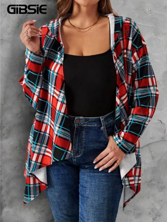 GIBSIE Plus Size Plaid Print Open Front Hooded Shirt Women's Autumn Loose Long Cardigan Female Casual Long-sleeved Shirts 2024