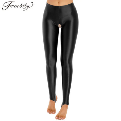 Satin Yoga Leggings Female Sexy Mid Waist Open Crotch Glossy Stockings Pantyhose Sports Yoga Pants Women Tight Seamless Tights