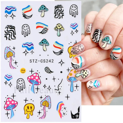 3D Nail Stickers Eyes Mushroom Flower Sliders for Nails Designs Rainbow Abstract Nail Art Adhesive Decals  Decoration STZCS240