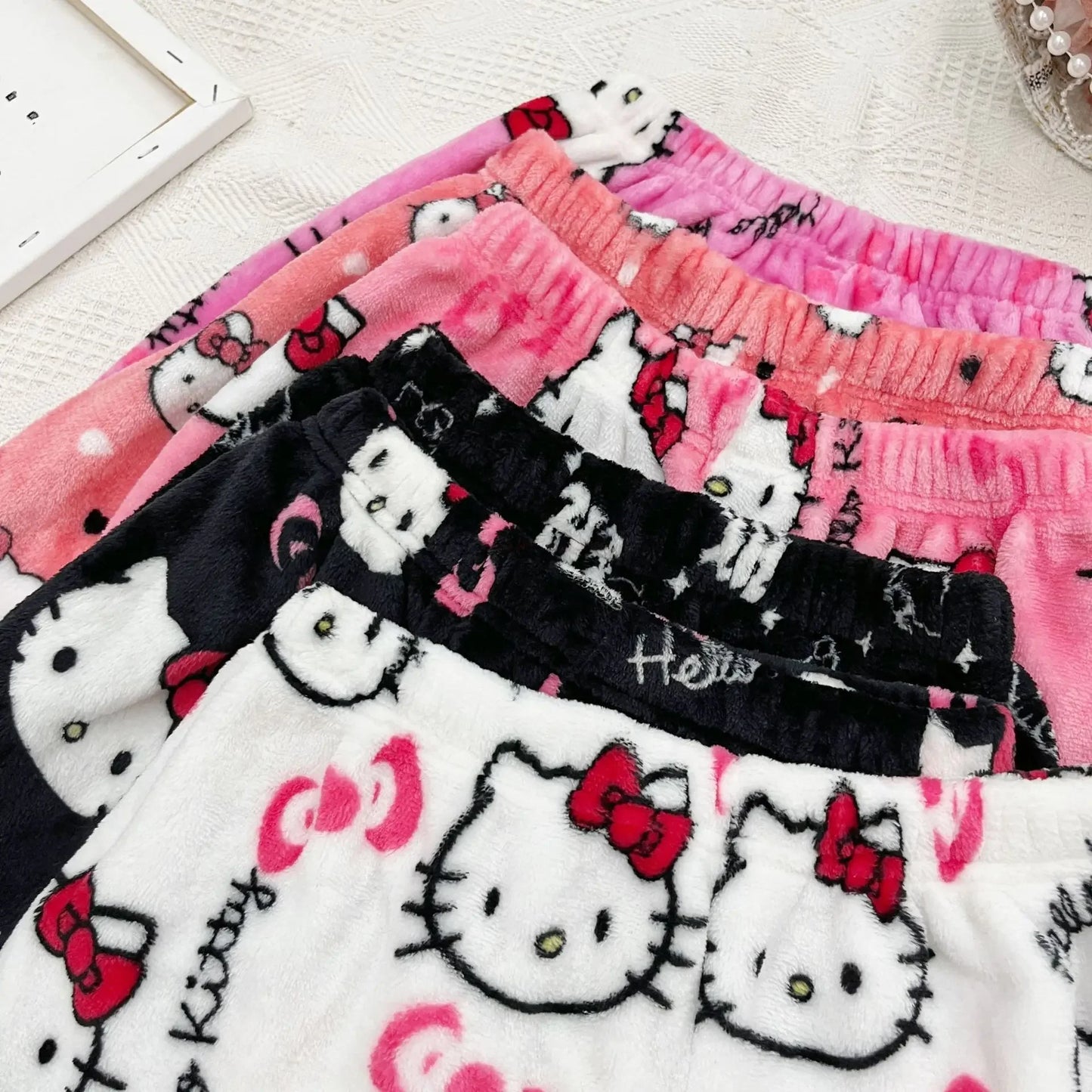 Sanrio Hello Kitty Y2k Kawaii Anime Flannel Pajamas Women'S Warm Woolen Cartoon Casual Home Pants Autumn Winter Fashion Trousers