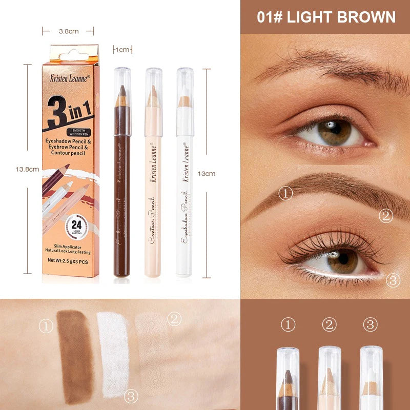 3pcs White Eyeshadow Eyebrow Contour Concealer Wooden Pencil Set Durable Waterproof Matte Nude Brown Eye Shadow Liner Makeup Kit