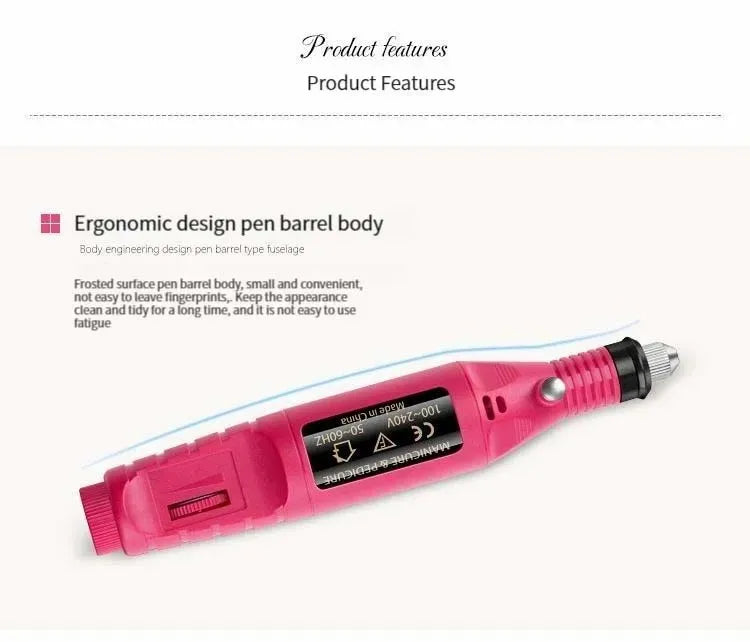 Fushia Pink USB Electric Nail Drills Kit Remove Polish Manicure Pedicure 6pcs Nail File Sanding Bands Machine Nail Art Pen