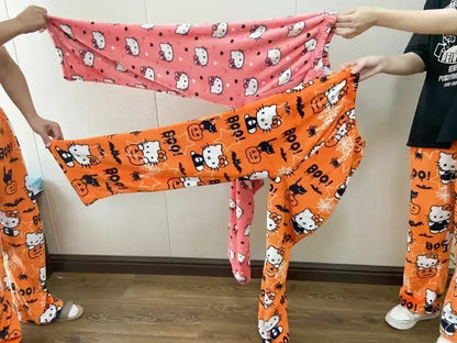 Sanrio Hello Kitty Y2k Kawaii Anime Flannel Pajamas Women'S Warm Woolen Cartoon Casual Home Pants Autumn Winter Fashion Trousers