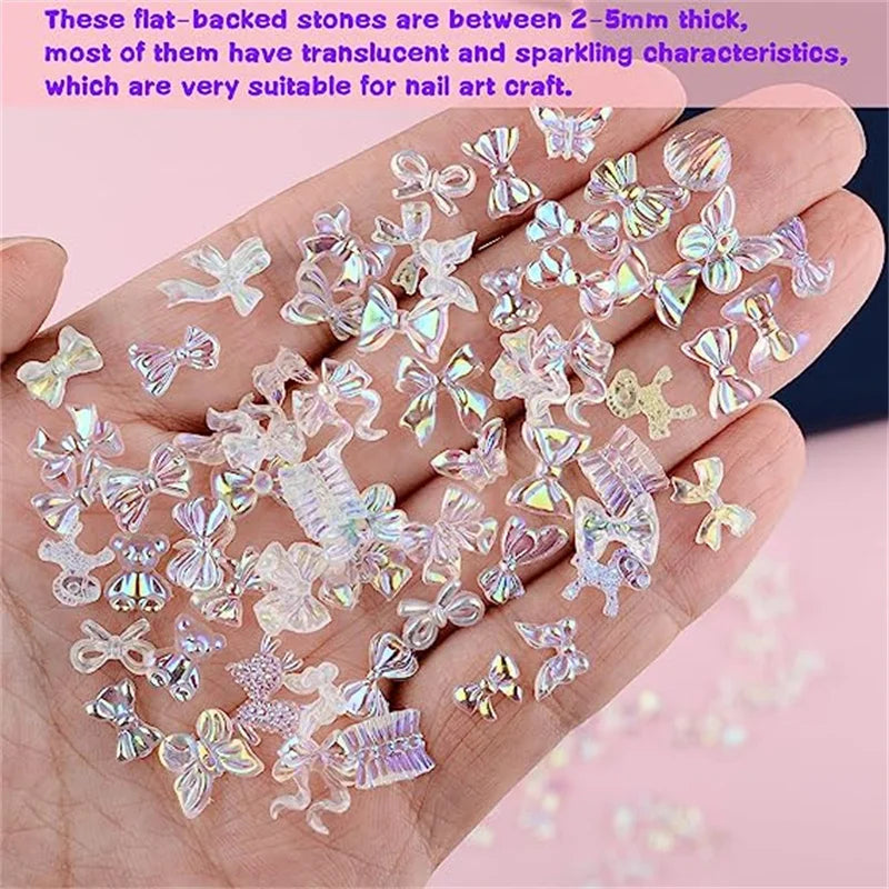 50PCS Mixed Kawaii Resin Nail Art Charms 3D Flower Bow Animals Rhinestones Nail Decorations DIY Manicure Professional Supplies