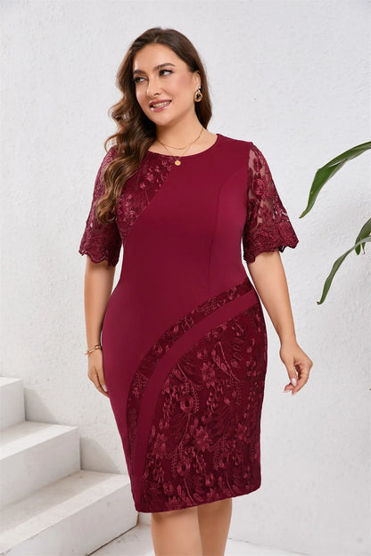 GIBSIE Plus Size Embroidered Lace Half Sleeve O-Neck Dress Women's Summer Autumn Cocktail Party Elegant Bodycon Midi Dresses