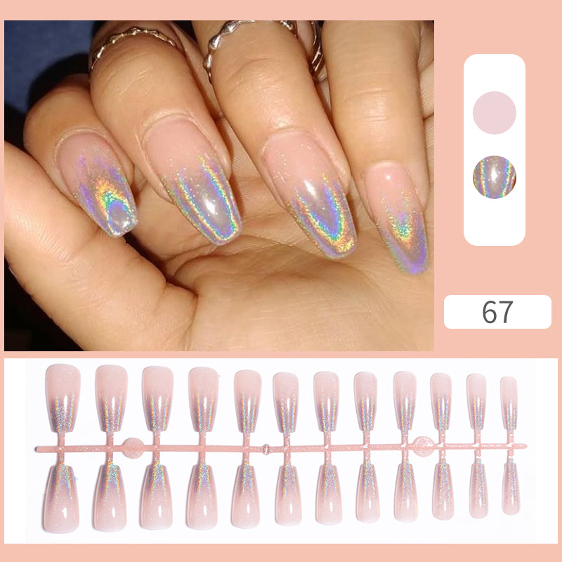 24pcs Sweet Summer Fake Nails Patches Pink Glitter Nude Press on Nails Women Wearable Nail Art Stickers Full Finished False Nail