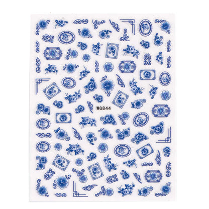 Retro Blue and White Porcelain Design 3D Nail Stickers, Self-Adhesive Slider Decals, Manicure Tips, DIY Accessories, 1Pc