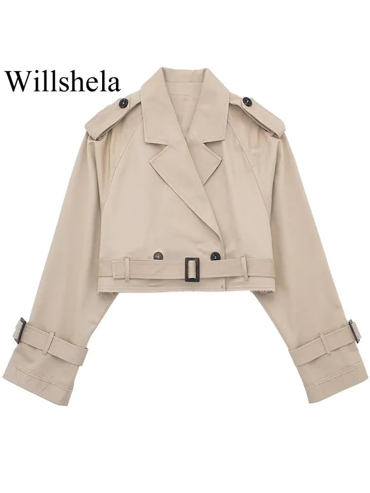 Willshela Women Fashion With Belt Cropped Trench Jacket Vintage Notched Neck Long Sleeve Female Chic Lady Coat Outfits