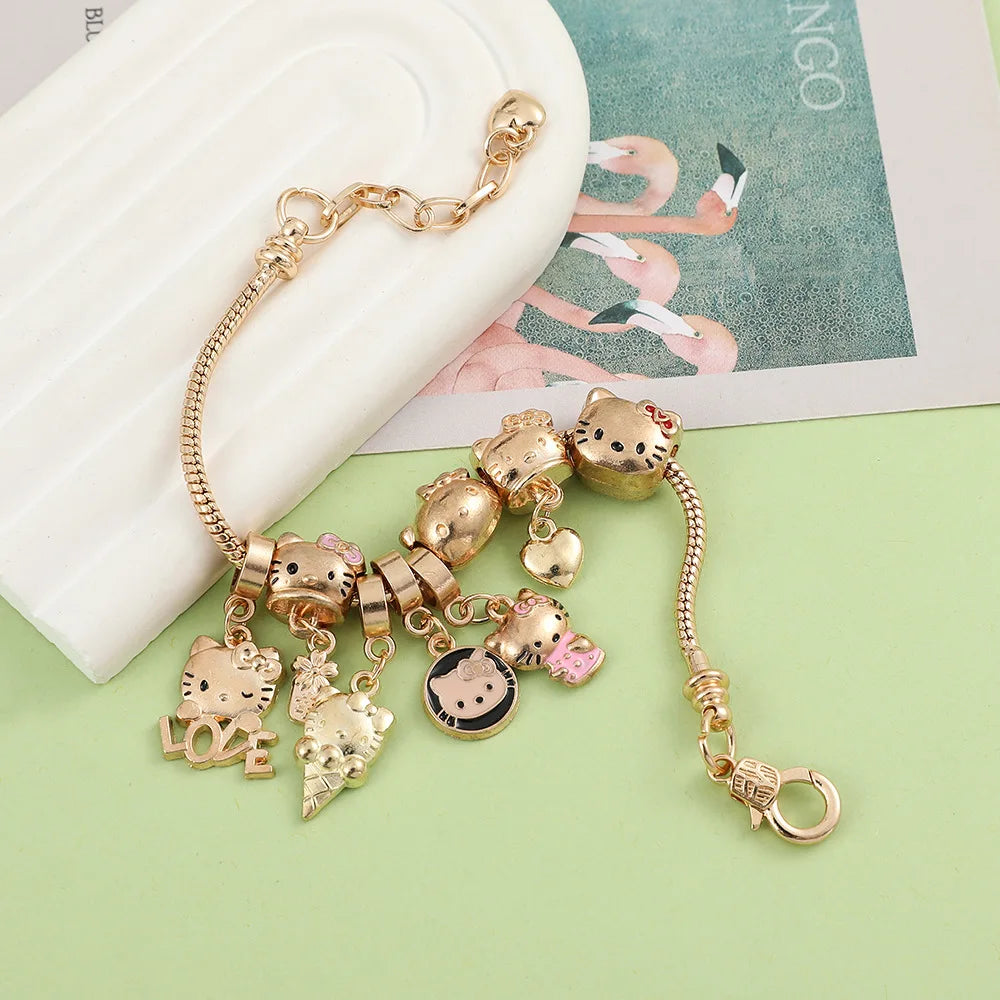 Hello Kitty Gold Plated Bracelets With Charms for Women High Quality Fashion Jewelry for Girl Kawaii Sanrio Party Gifts