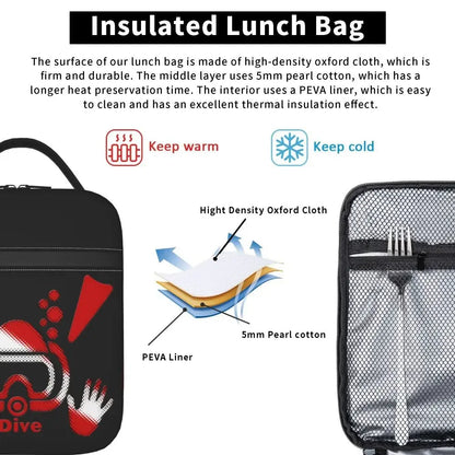 Scuba Diver Flag Resuable Lunch Box for Women Multifunction Dive Diving Thermal Cooler Food Insulated Lunch Bag Office Work