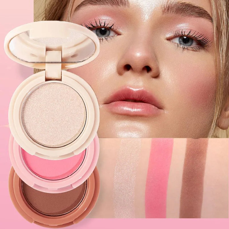 3-In-1 Face Bronzer Highlighter Makeup Palette Matte Pearlescent Blush Contouring Shadow Brighten Three-layer All-in-one Palette