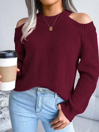 Autumn Winter Casual Solid Color Crew Neck Off Shoulder Long Sleeve Knitted Pullover For Women Sweater Top