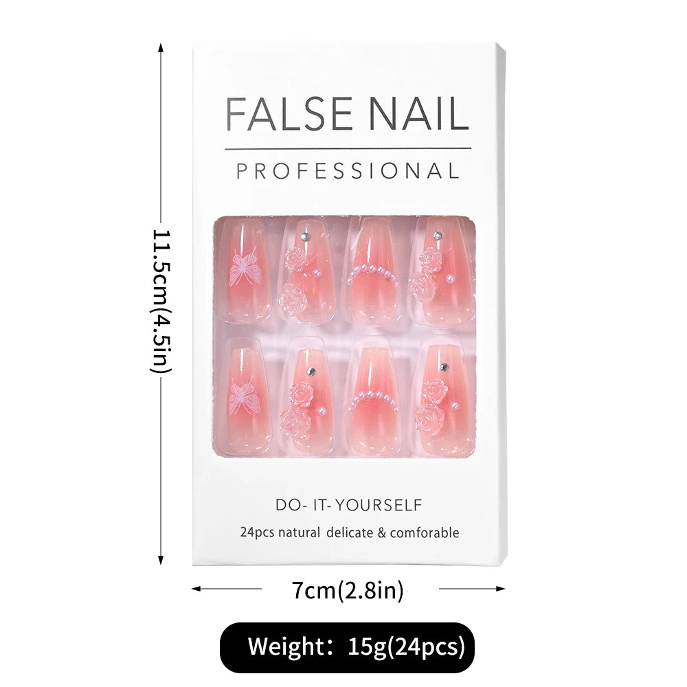 24Pcs/Lot Wearable False Nails With Rhinestone Charms Long Ballerina Pink Press On Nails French Coffin Full Cover Fake Nail Tips