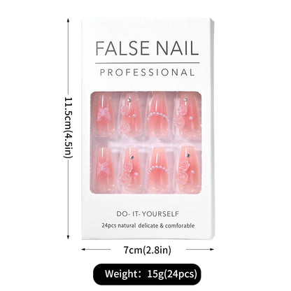 24Pcs/Lot Wearable False Nails With Rhinestone Charms Long Ballerina Pink Press On Nails French Coffin Full Cover Fake Nail Tips