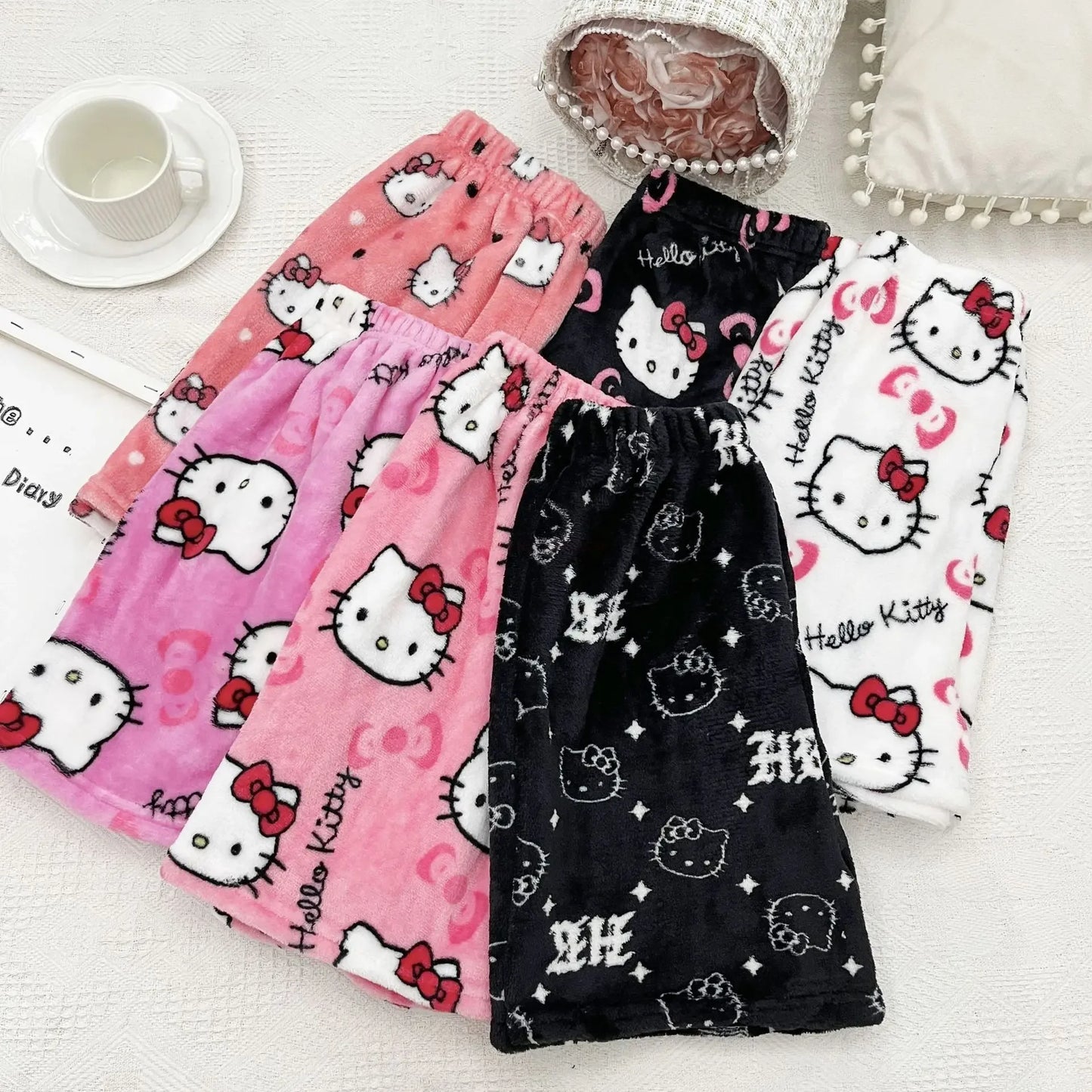 Sanrio Hello Kitty Y2k Kawaii Anime Flannel Pajamas Women'S Warm Woolen Cartoon Casual Home Pants Autumn Winter Fashion Trousers