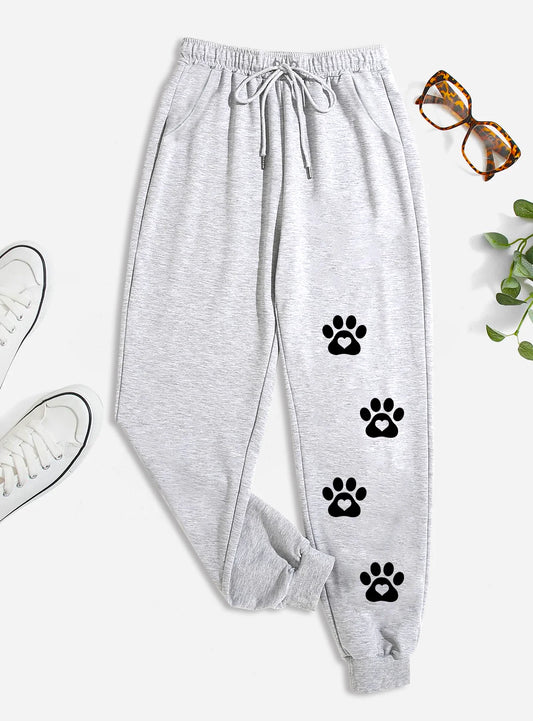 Dog paw printed solid color jogging pants, high waisted casual daily pants with lace up front, women's clothing