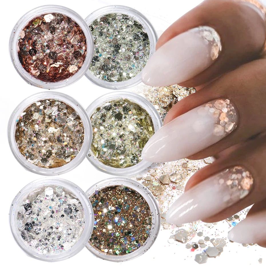 6pcs Champagne Rose Nail Glitter Flakes Mixed Hexagon Sequins Powder Fall Winter Mermaid Paillette Nail Decorations LA1539-52