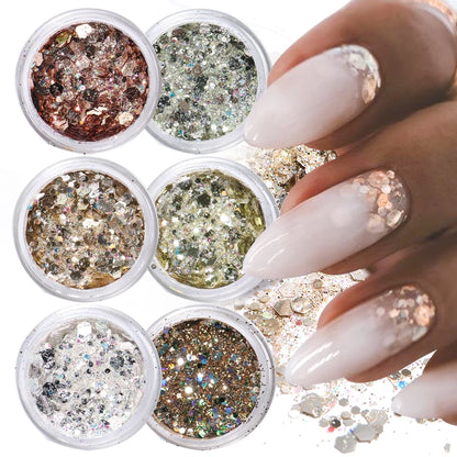 6pcs Champagne Rose Nail Glitter Flakes Mixed Hexagon Sequins Powder Fall Winter Mermaid Paillette Nail Decorations LA1539-52