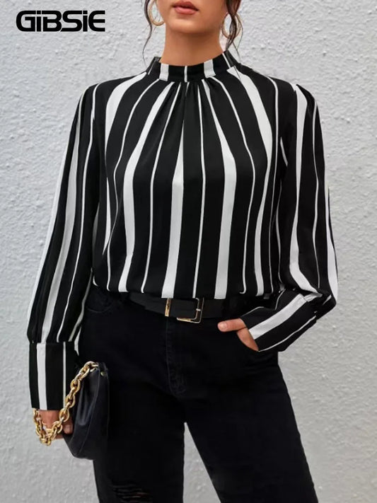 GIBSIE Plus Size Black And White Striped Shirt Tops Women Spring Autumn Stand Collar Long Sleeve Office Ladies Casual Blouses