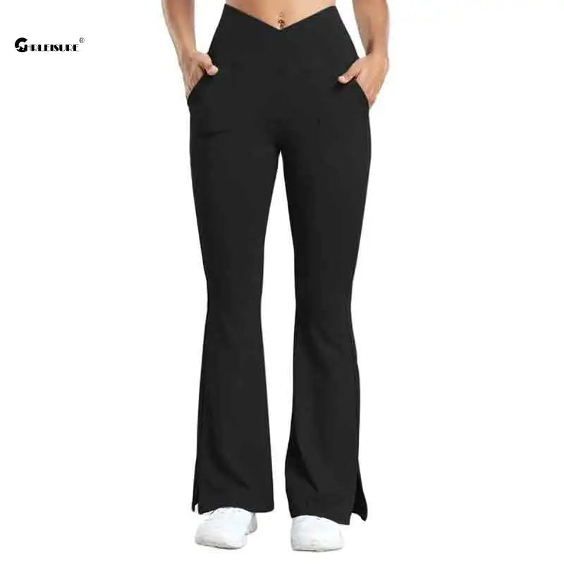 CHRLEISURE Yoga Flare Pants with Pockets Women Crossover Waist Sports Legging Butt Lift Workout Tights Split Hem Leggings