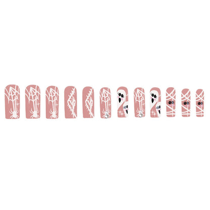 Halloween Pink Press on Fake Nails Long Coffin Square Head False Nails White Ghost Spider Web Designs Women Full Cover Nail Tips