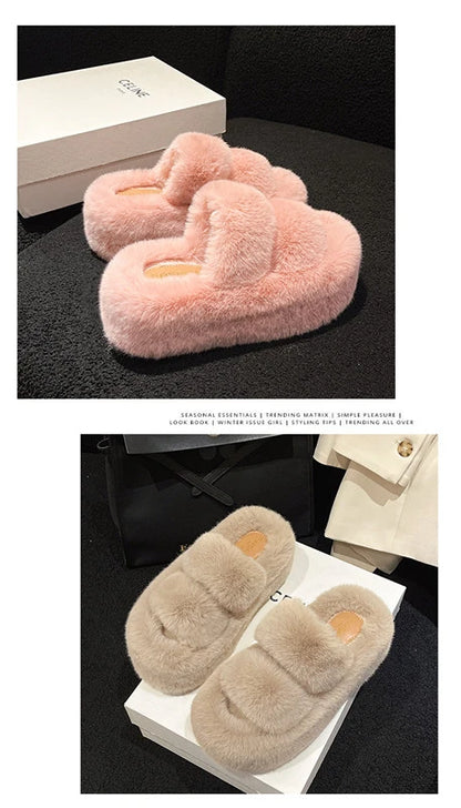 Woman Furry Ladies Fur Luxury Fluffy Plush Slipper House Soft Fuzzy Platform Indoor Casual Winter Home Warm High Heels Female