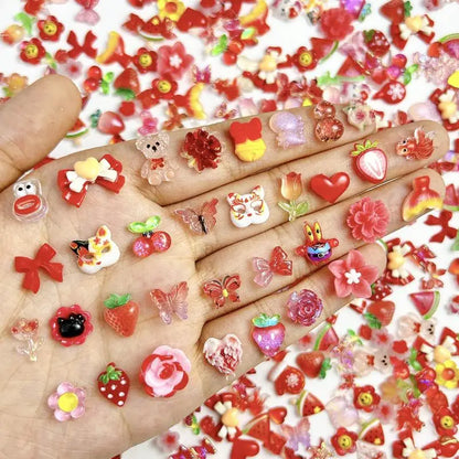 50pcs Random Mixed Resin Heart Flower Butterfly  Nail Charms Cartoon Animal Fruit Series Nail Art Decoration DIY Manicure