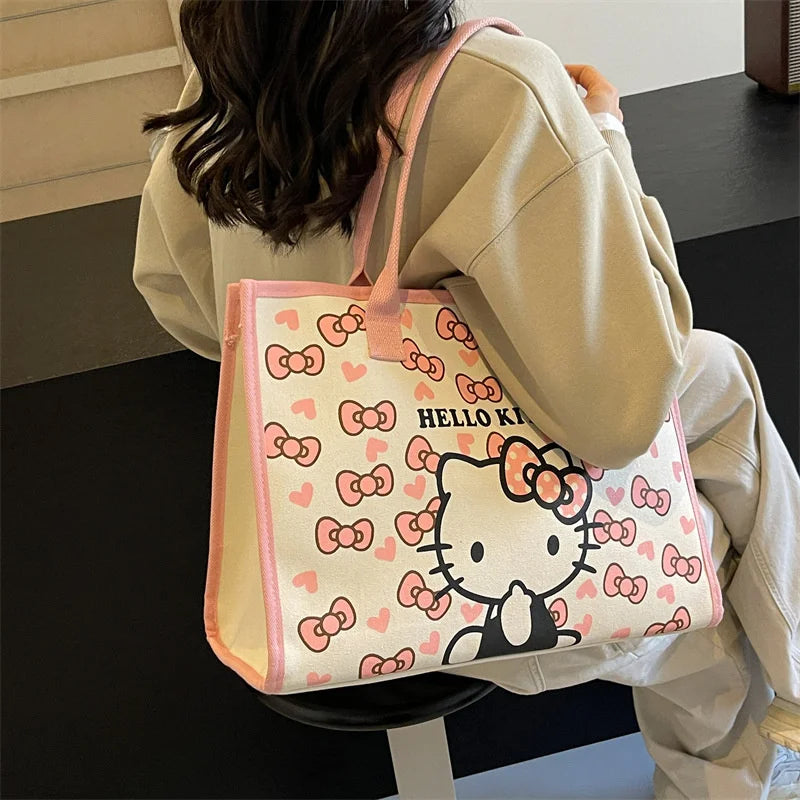 Hello Kitty All Match Retro Canvas Bag Women Commuter Shoulder Handbag Girl Student Large Capacity Cartoon Schoolbag