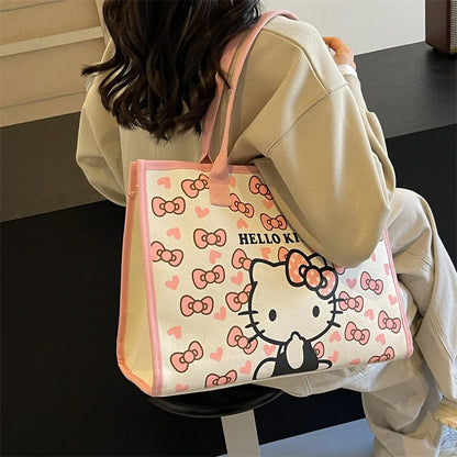 Hello Kitty All Match Retro Canvas Bag Women Commuter Shoulder Handbag Girl Student Large Capacity Cartoon Schoolbag