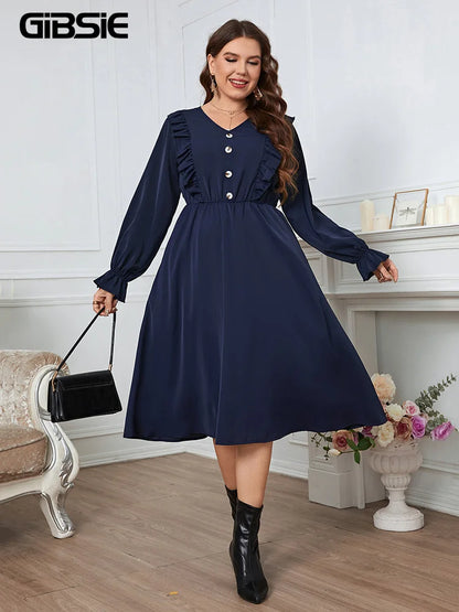 GIBSIE Plus Size Solid Button Front Frill Trim Midi Dresses Women Spring Fall Casual Long Sleeve Female Elastic A-Line Dress