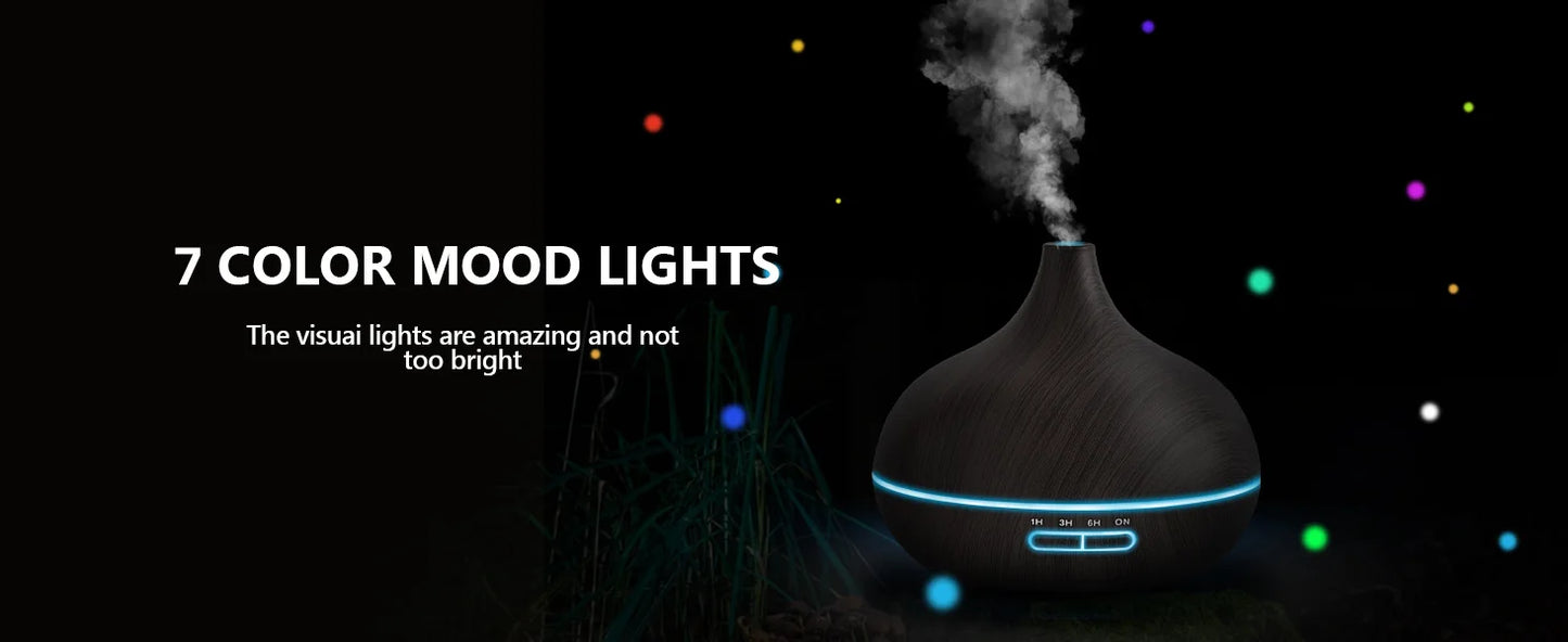 550ml Wood Color USB Aroma Diffuser, Essential Oil Diffuser with 7 Color LED Lights & Remote Control, USB Powered Air Humidifier