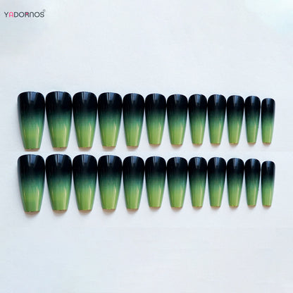 Black Green Long Coffin False Nails Gradient Color Press on Nails Full Cover Ballet Fake Nails Tips for Women Girls DIY Manicure