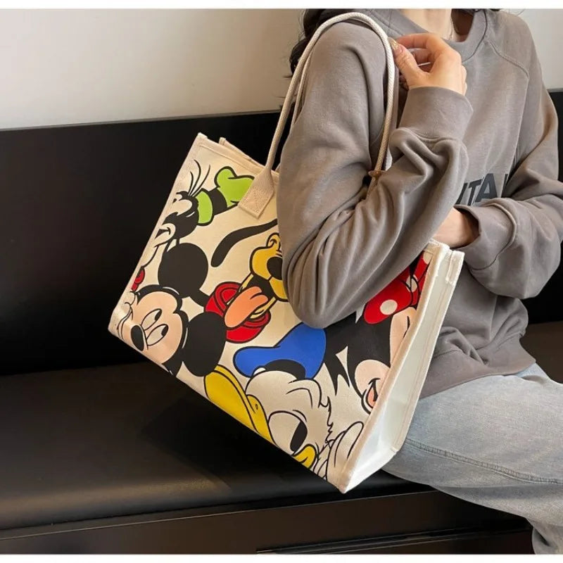 Disney Mickey Cartoon Cute Canvas Shoulder Bag Large Capacity Tote Bag Women's Fashion Mummy Bag Leisure Travel