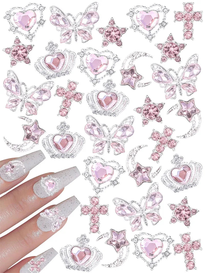 30Pcs Pink Nail Charms Alloy Rhinestones 3D Star Butterfly Heart Cross Gem Nails Crystal Diamond Nail Art Decoration Accessories