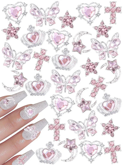 30Pcs Pink Nail Charms Alloy Rhinestones 3D Star Butterfly Heart Cross Gem Nails Crystal Diamond Nail Art Decoration Accessories