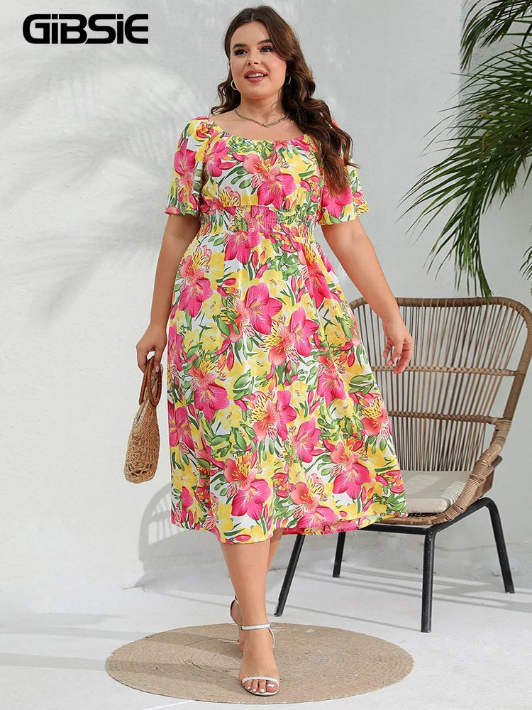 GIBSIE Plus Size Off Shoulder Floral Print Boho Dress Women Summer Short Sleeve Beach Casual A-line Holiday Long Dresses 2024