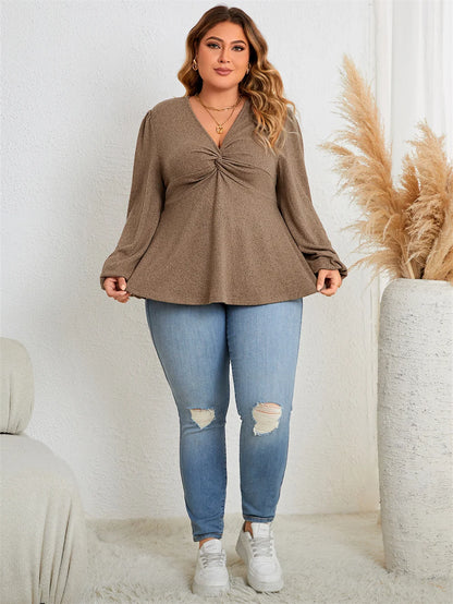 GIBSIE Plus Size Casual V Neck Twist Front Peplum Top Women Fashion 2023 Autumn New Vintage Full Lantern Sleeve Tunic Blouse