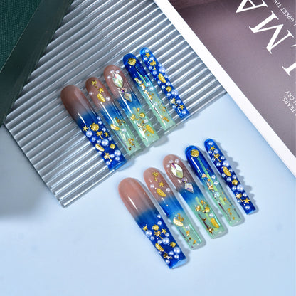 10Pcs Handmade Blue Design False Nails Extra Long Coffin Press on Nails Rhinestone Wearable Fake Nails Party Drama Finger Nail