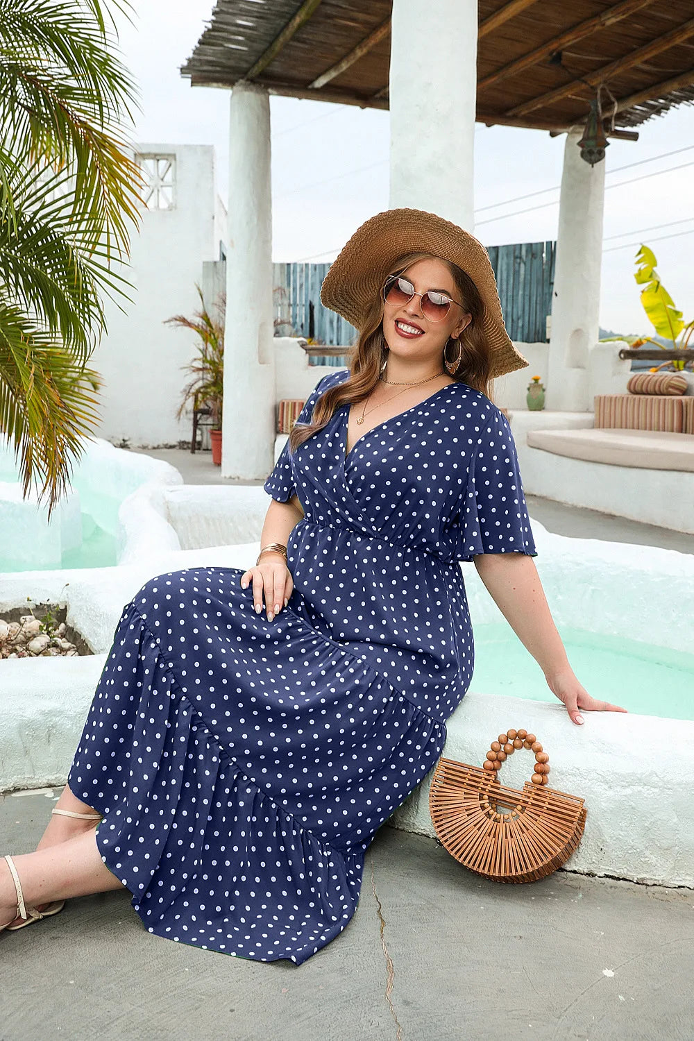 GIBSIE Plus Size Polka Dot V-Neck Butterfly Sleeve Dress Women Summer 2024 Holiday Beach Vintage Ruffle Hem Maxi Long Dresses