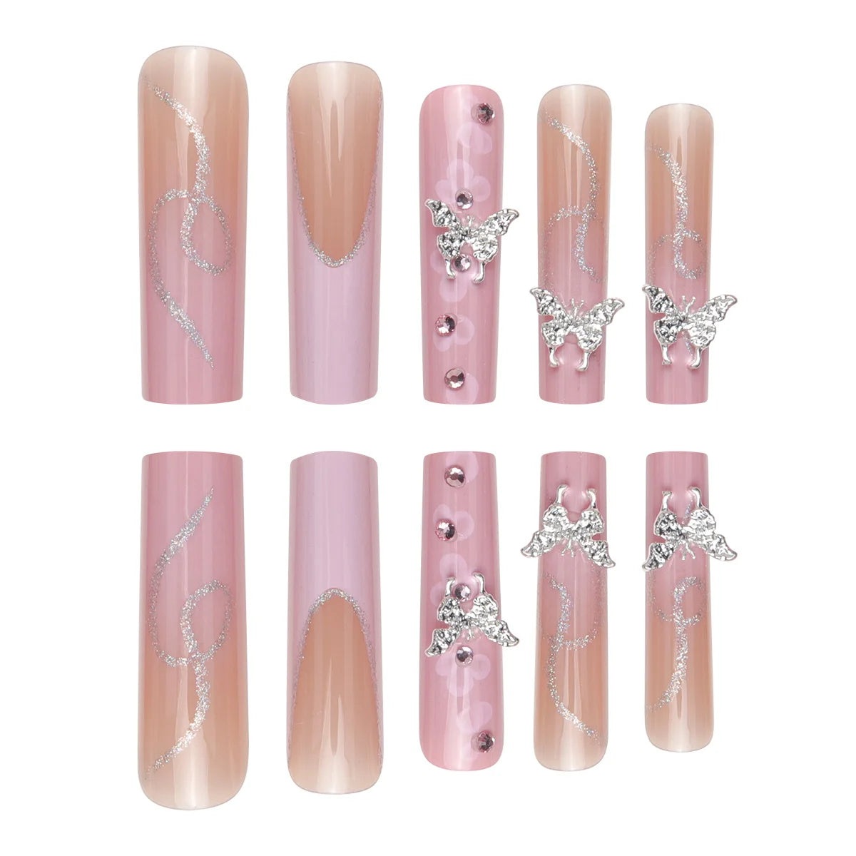 24 Pieces of Ultra Long Coffin Shaped French&gradient&flower Pattern 3D Butterfly Dot Diamond Glossy False Nails