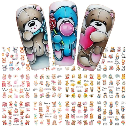 12pcs Little Bear Nail Stickers Set Cute Teddy Bear Anime Water Transfer Decals Sliders Flower Butterfly Manicures Decoration