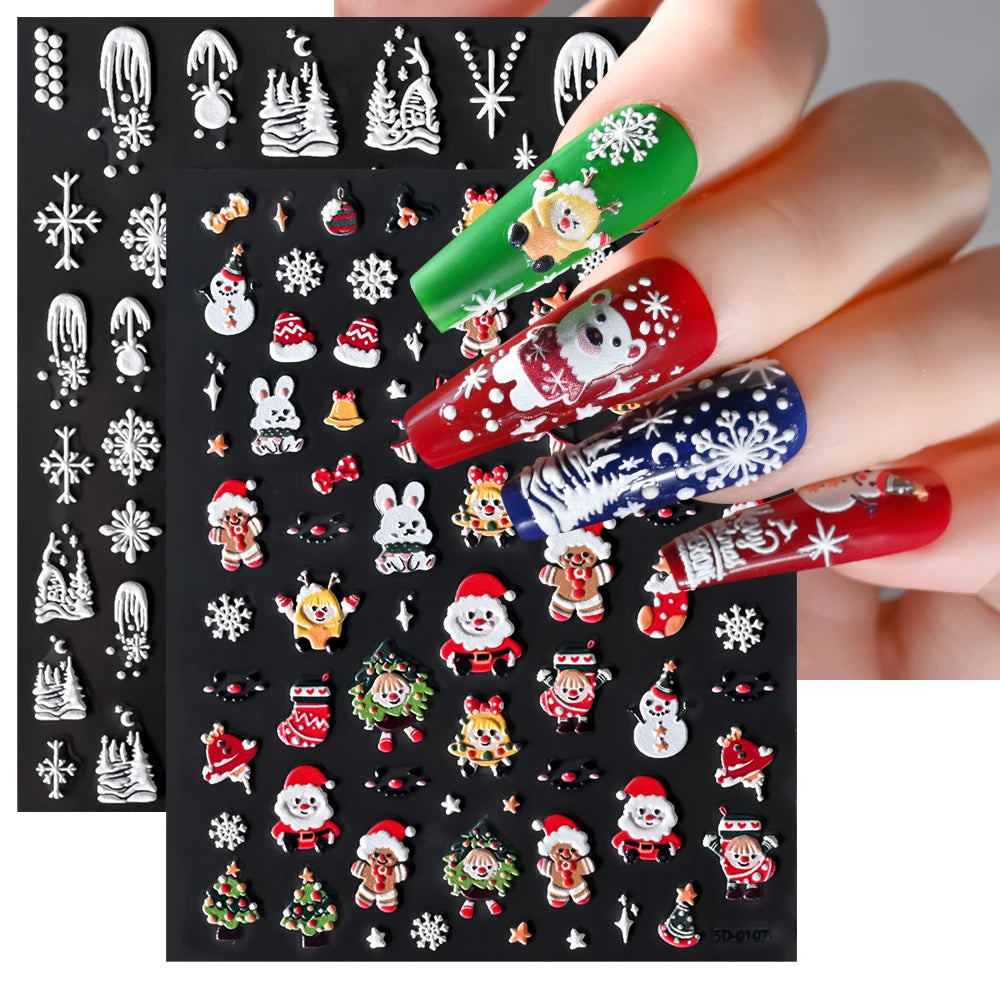 5D Embossed Gingerbread Man Nail Art Sticker Cute Christmas Winter Santa Claus Snowflake Elk Engraved Slider Manicure Decoration