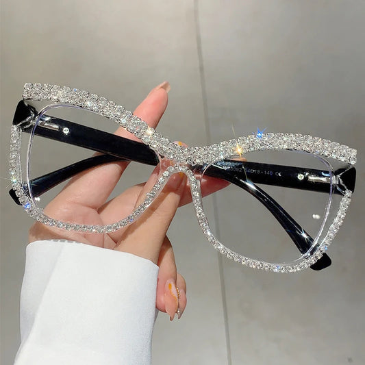 KAMMPT Fashion Cat Eye Glasses with Rhinestones Vintage Stylish Trendy Brand Design Oversized Eyeglasses Women for Decoration