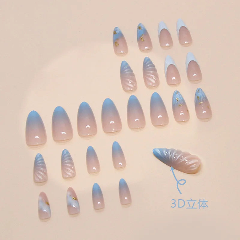 24pcs Long Almond Fake Nails with Blue Ocean Shells Designs Wearable Acrylic Fake Nails with Glue Full Cover French Nails Tips