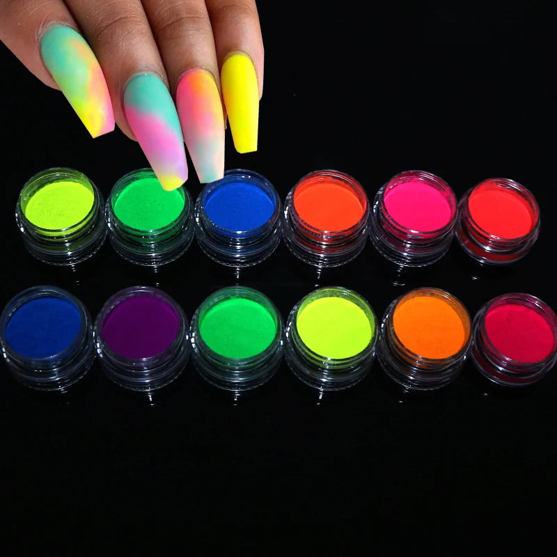 Neon Phosphor Pigment Powder Fluorescent Nail Glitter Set Shinny Ombre Chrome Dust DIY Gel Polish Manicure Nails Art Decoration